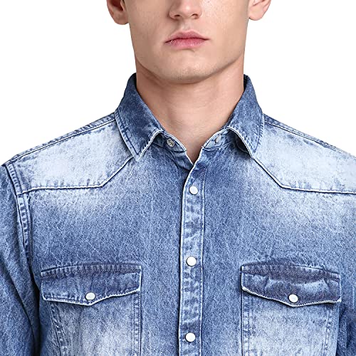 Image of Dennis Lingo Men's Solid Denim Cotton Slim Fit Full Sleeve Casual Shirt with Flap Pockets and Snap Buttons