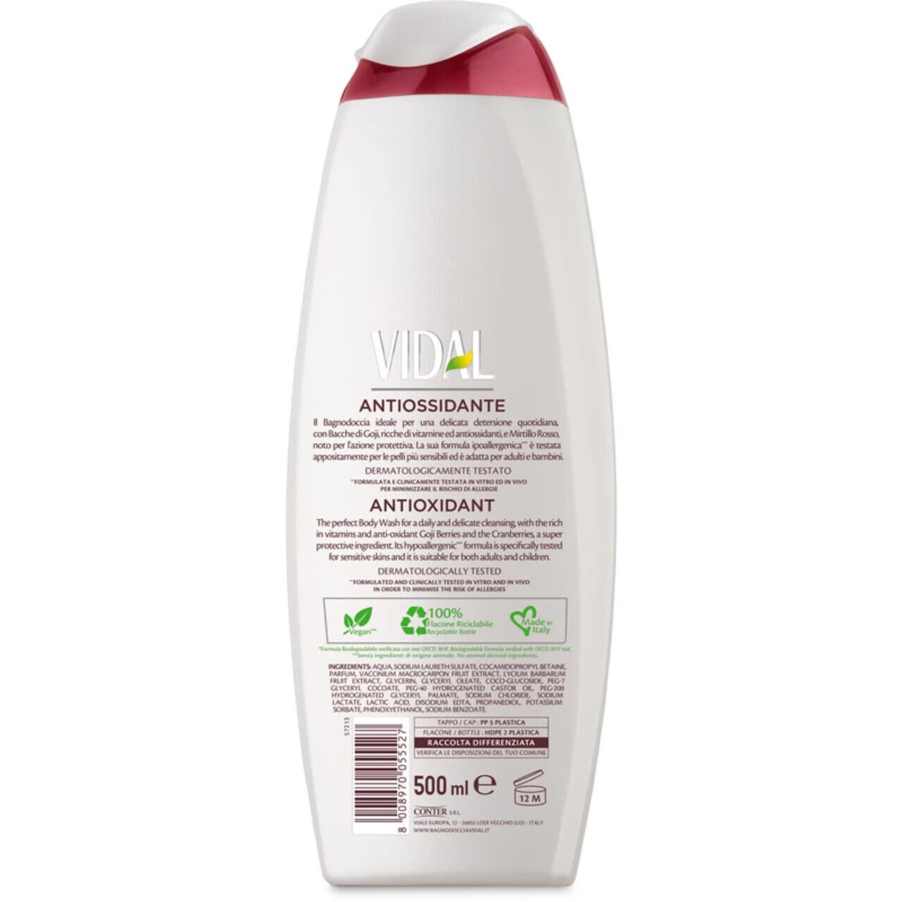 6er-Pack Vidal Körperwaschmittel Bagnodoccia Duschgel Bacche di Goji e Mirtillo Rosso,Duschschaum mit Goji-Beeren und Cranberry 500ml