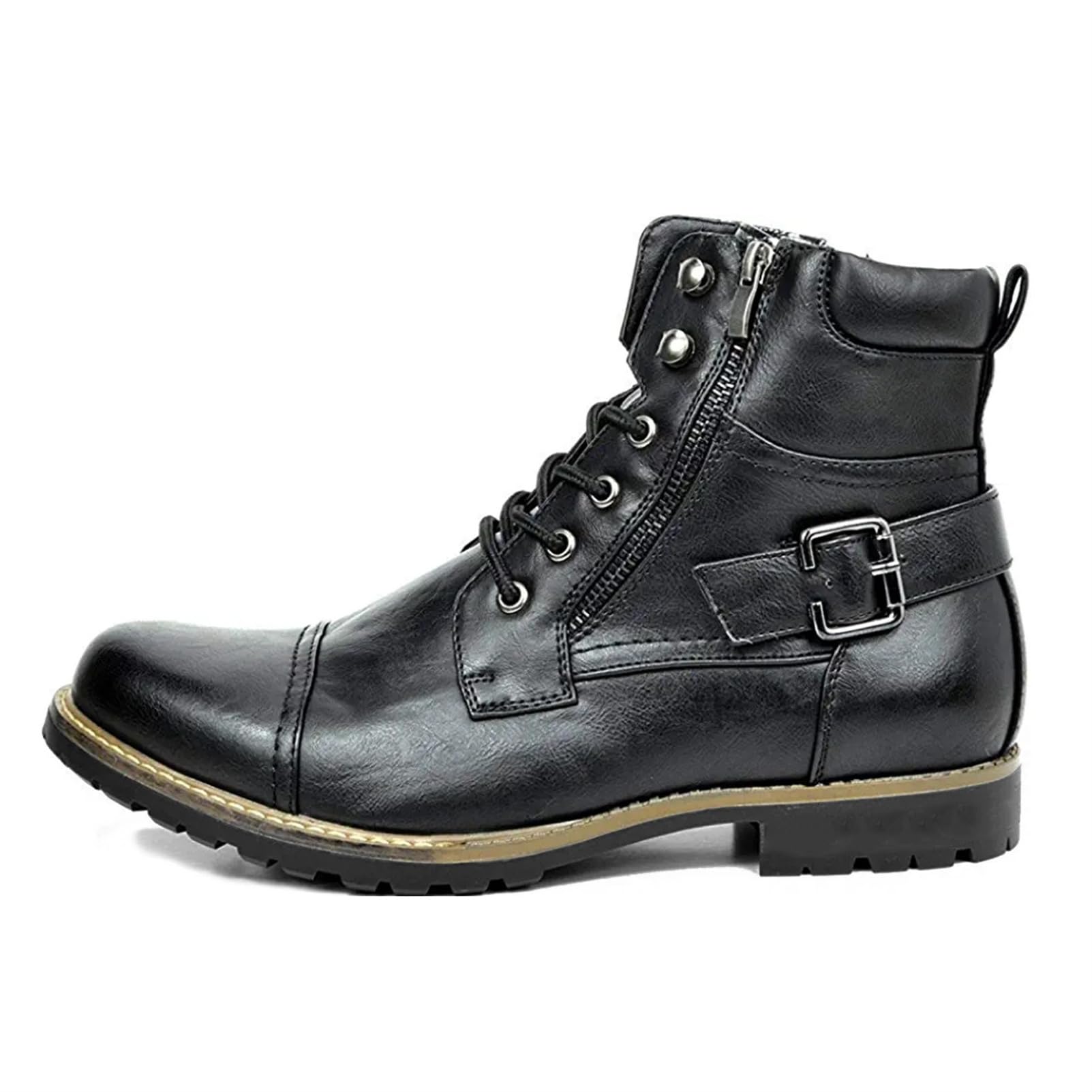 ANUFER Herren Doppelreißverschluss Schnürbare Coole Biker Stiefel | Knöchelhoch, Kunstleder, Vintage Kappe Zehenkappe, Motorradstiefel, Große Größe