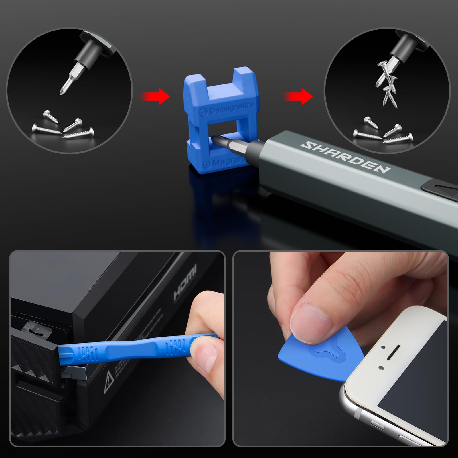 SHARDEN Destornillador eléctrico MIni mejorado 29 en 1, 24 puntas S2 Preicison, ajuste de par de 5 velocidades, con pantalla, kit de herramientas de reparación de destornilladores eléctricos para PC