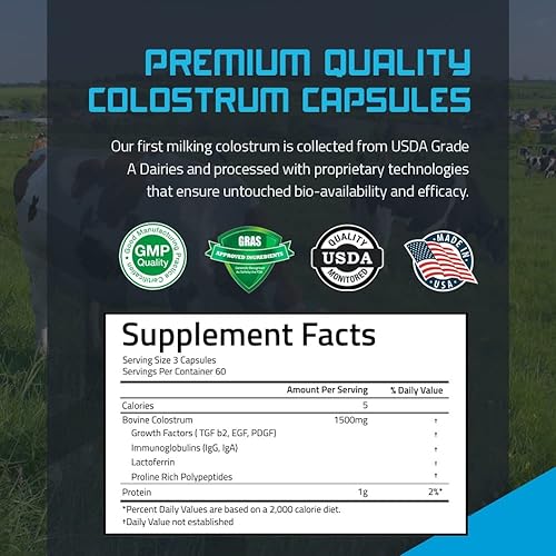 Miniatura 7 de Calostro bovino puro, 180 cápsulas, libre de antibióticos y hormonas, procedente de Estados Unidos, totalmente natural, 100% primer ordeño