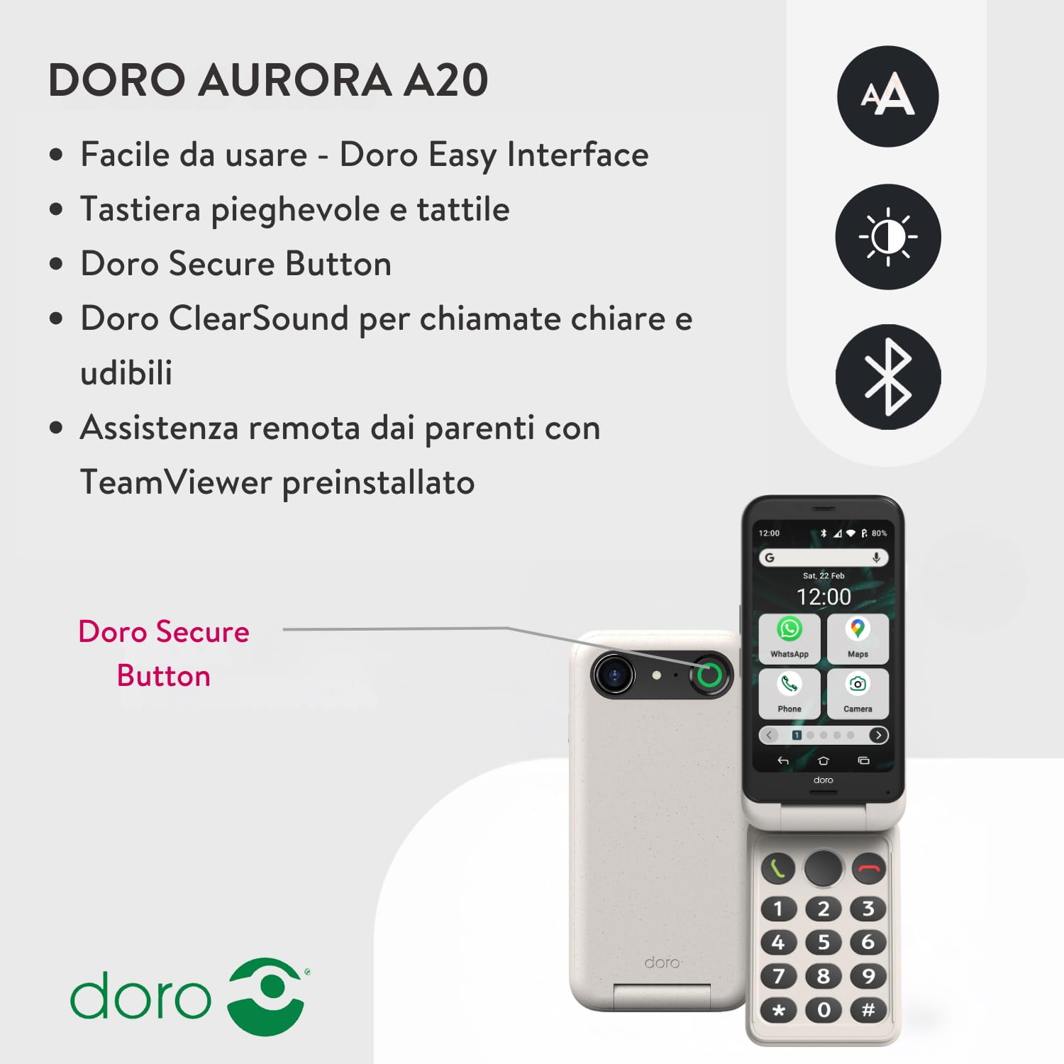 Smartphone Senior Aurora A20 Doro GPS Tracking - Dettaglio