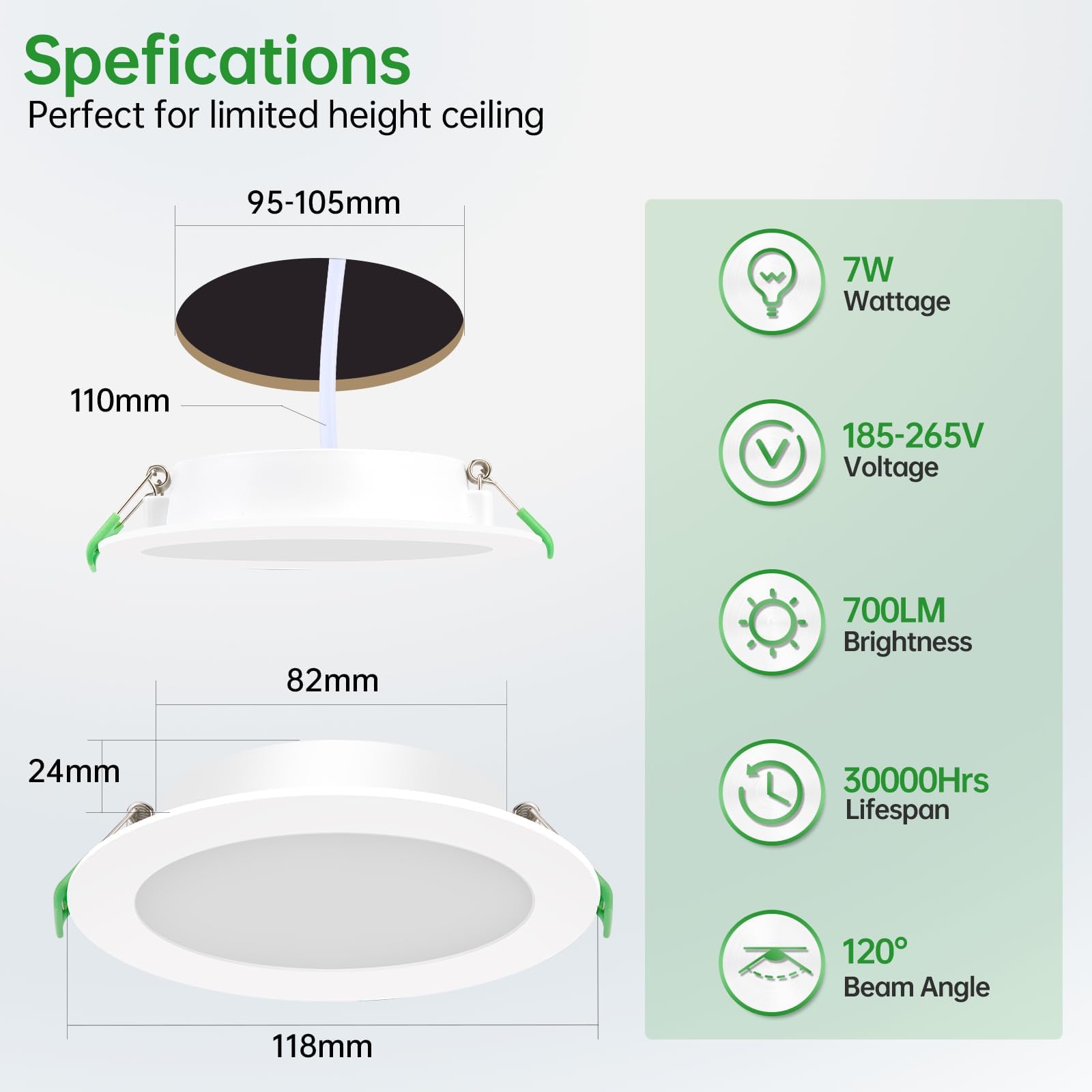Tomosu Led-inbouwspot, extra vlak, 7 W, 700 lm, komt overeen met 70 W, gloeilamp, IP44, waterdicht, badkamer, neutraal wit 4000 K, gat 95-105 mm, AC220-240 V, voor keuken, woonkamer, slaapkamer, 20