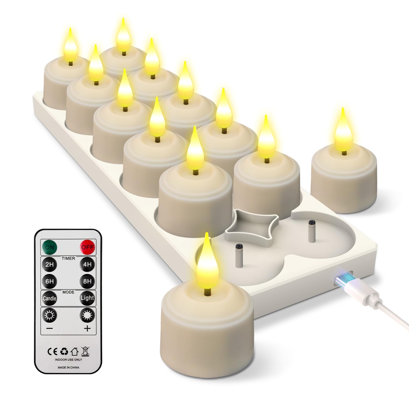 Aufladbare Teelichter mit Timer und Ladestation, LED Teelichter Wiederaufladbar, Kerzen Flackernd für Zimmer Wohnzimmer Halloween Weihnachten Hochzeit Tisch Party Deko (Warme Farbe, 12er Pack)