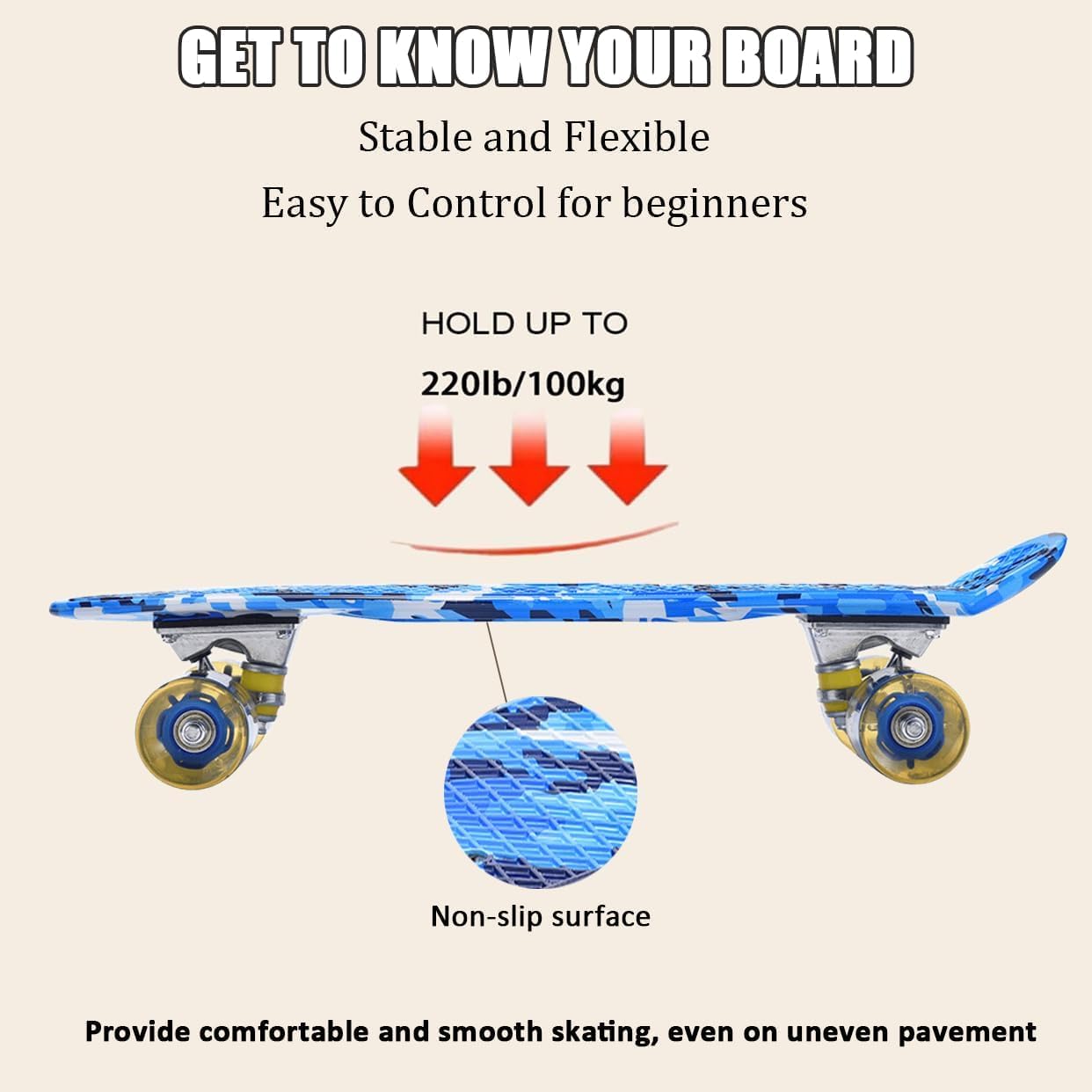 ERNAN Skateboard Complet Mini Cruiser pour Enfants 22"，Skateboard avec Roues LED pour Enfants Débutants Filles Garçons Adolescents Adultes - 5