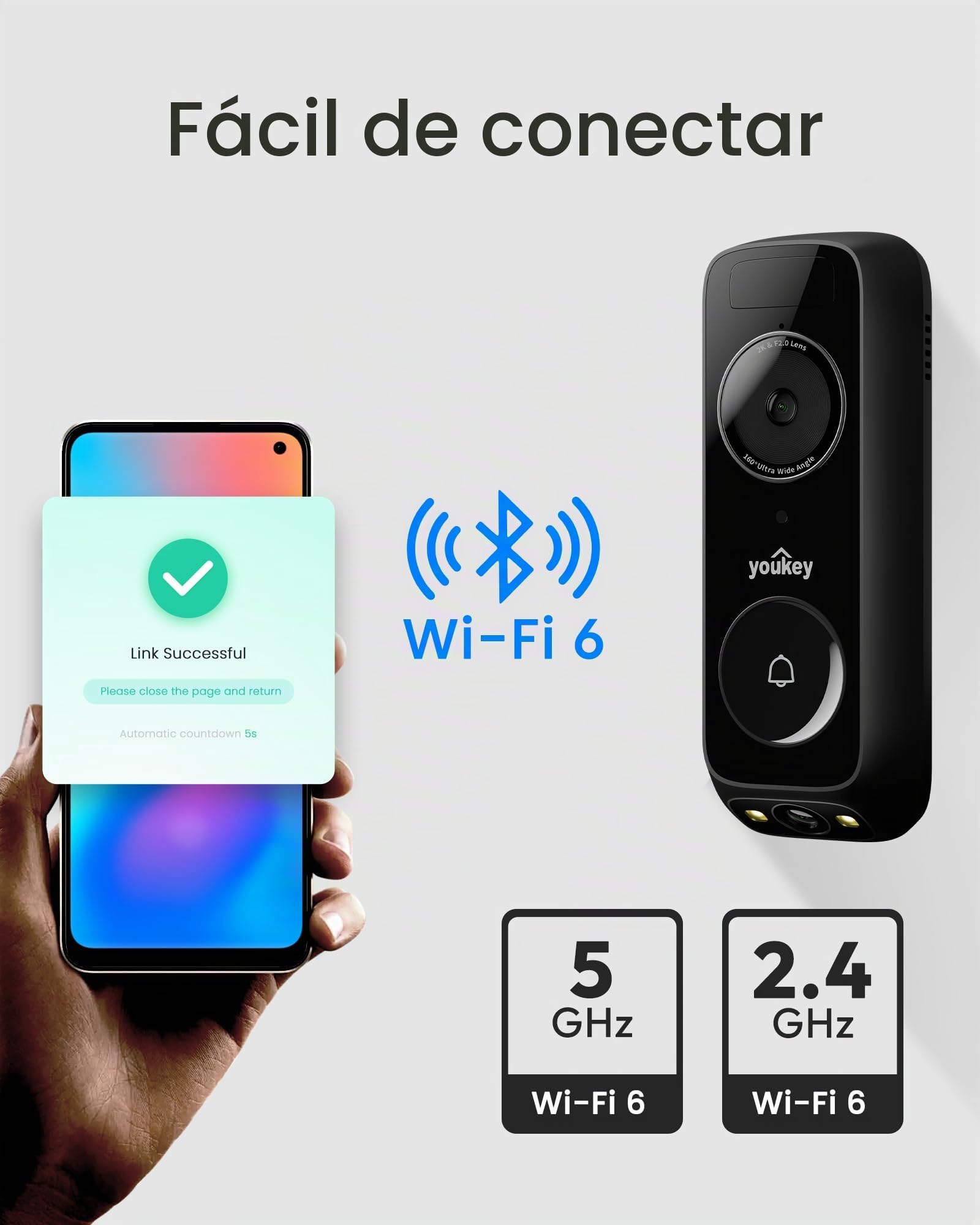 youkey Timbre inalámbrico de vídeo con Gong, sin cuota mensual, timbre de puerta con batería 2K con vídeo de cabeza a pies, detección de paquetes, 2,4/5 GHz WiFi 6, 8 GB de memoria, control de voz