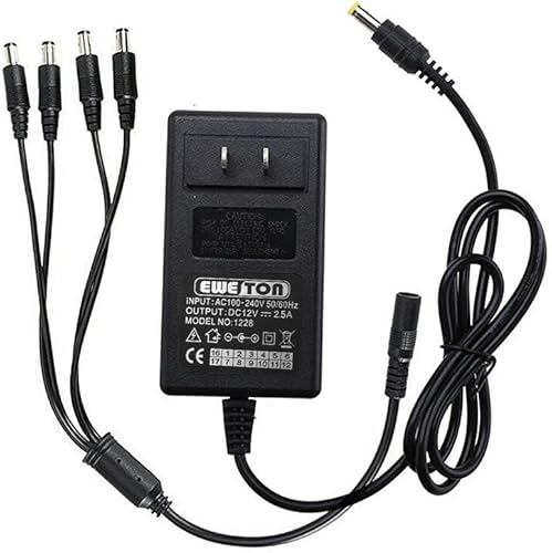 EWETON Adaptador de corriente para cámara de seguridad de 12 V 25 A 100 V-240 V CA a CC 0083 x 0217in con cable divisor de alimentación de 4 vías