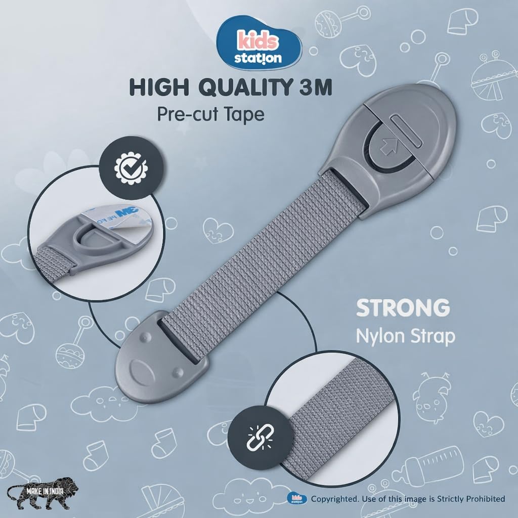 Kids Station Baby Safety Nylon Drawer Locks - Strong and Adhesive Child/Toddler/Infants Safety Locks for Drawers, Cabinets, Fridge and Cupboard - Baby Proofing Product - Pack of 6 (Grey) 3
