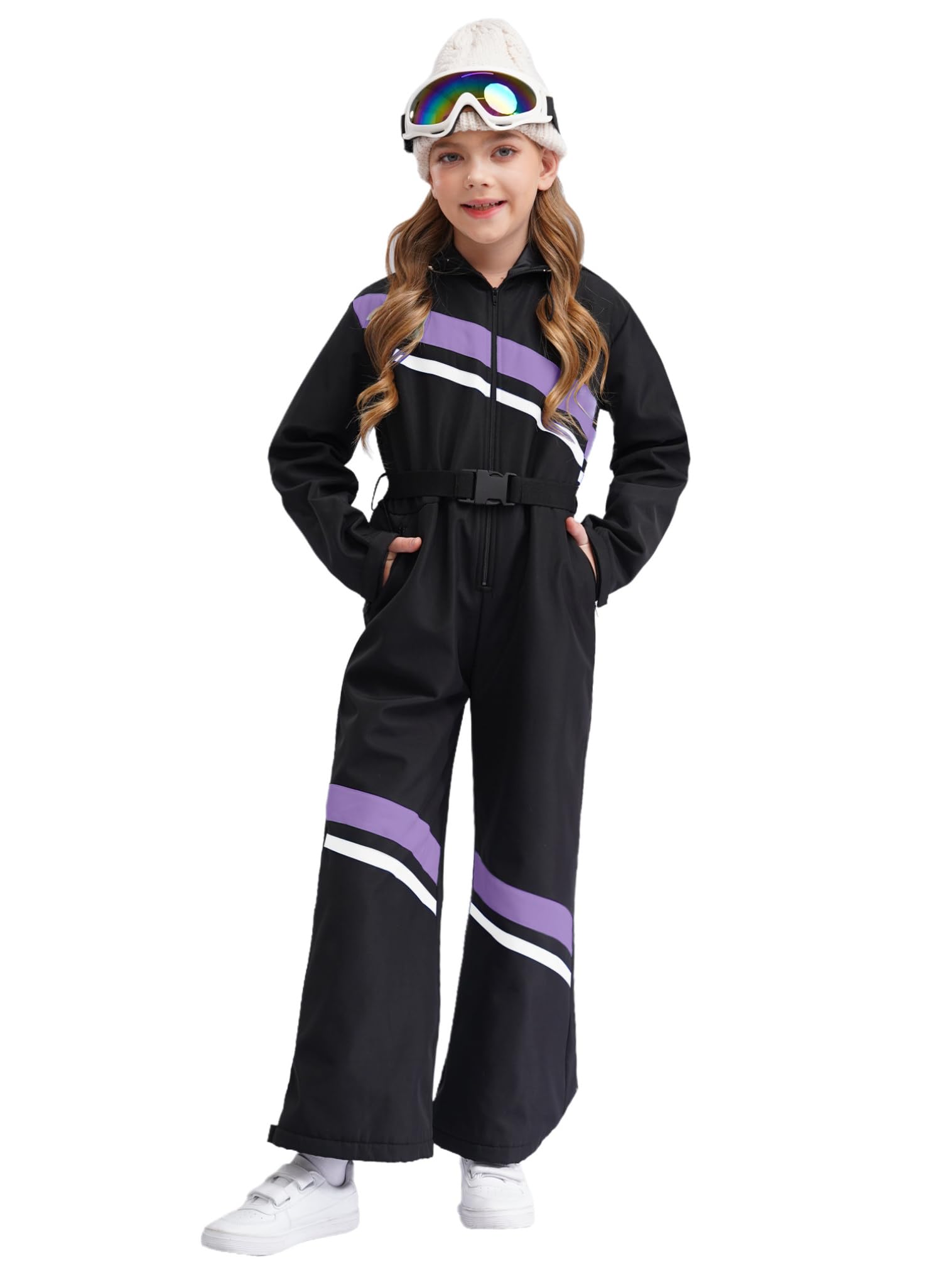 FEESHOW Combinaison De Ski Capuche Pour Enfants Et Filles Jumpsuit Manches Longues Avec Fermeture éclair Ceinture Vêtements D'extérieur Coupe-vent Alpinisme