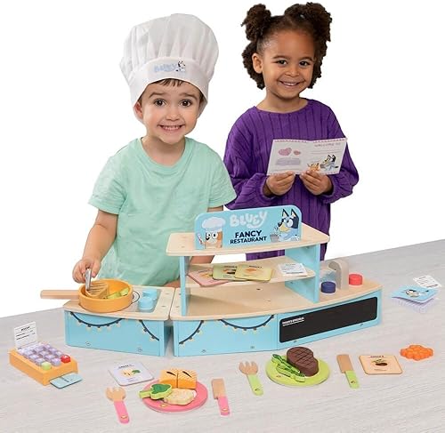 Miniatura 5 de Bluey Restaurante de mesa - Juguete de 32 piezas de madera con cubiertos y accesorios de comida de simulación para niños - Material certificado FSC