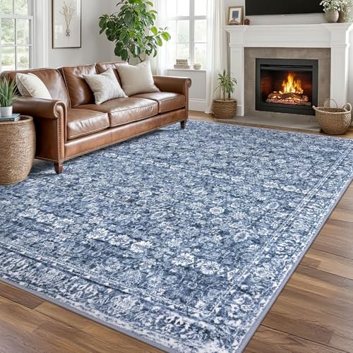 8x10 Area Rug Blue, Vintage Floral Large Washable Rug for Living Room Non-Slip Ultra Soft Bedroom Rug Tribal Traditional Farmhouse Carpet for Dining Room Office Home Décor