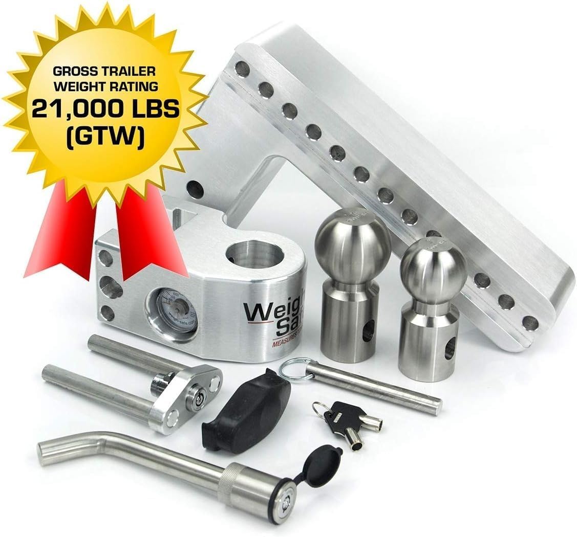 Weigh Safe Aluminum Adjustable Trailer Hitch - Anti-Sway Towing Hitch for 3" Receivers - 10" Drop Hitch, 21,000 lbs GTW, 4-Piece Lock Set
