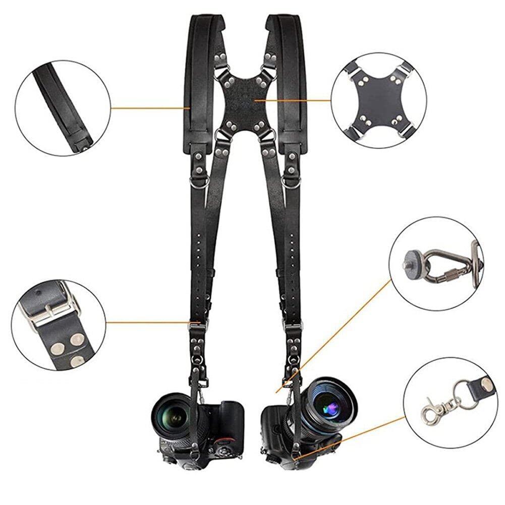 Cinta di Fotocamera in Pelle a Doppia Spalla Professionale con Dettagli del Rivetto - Spalla Regolabile E Resistente per Fotocamere Digitali
