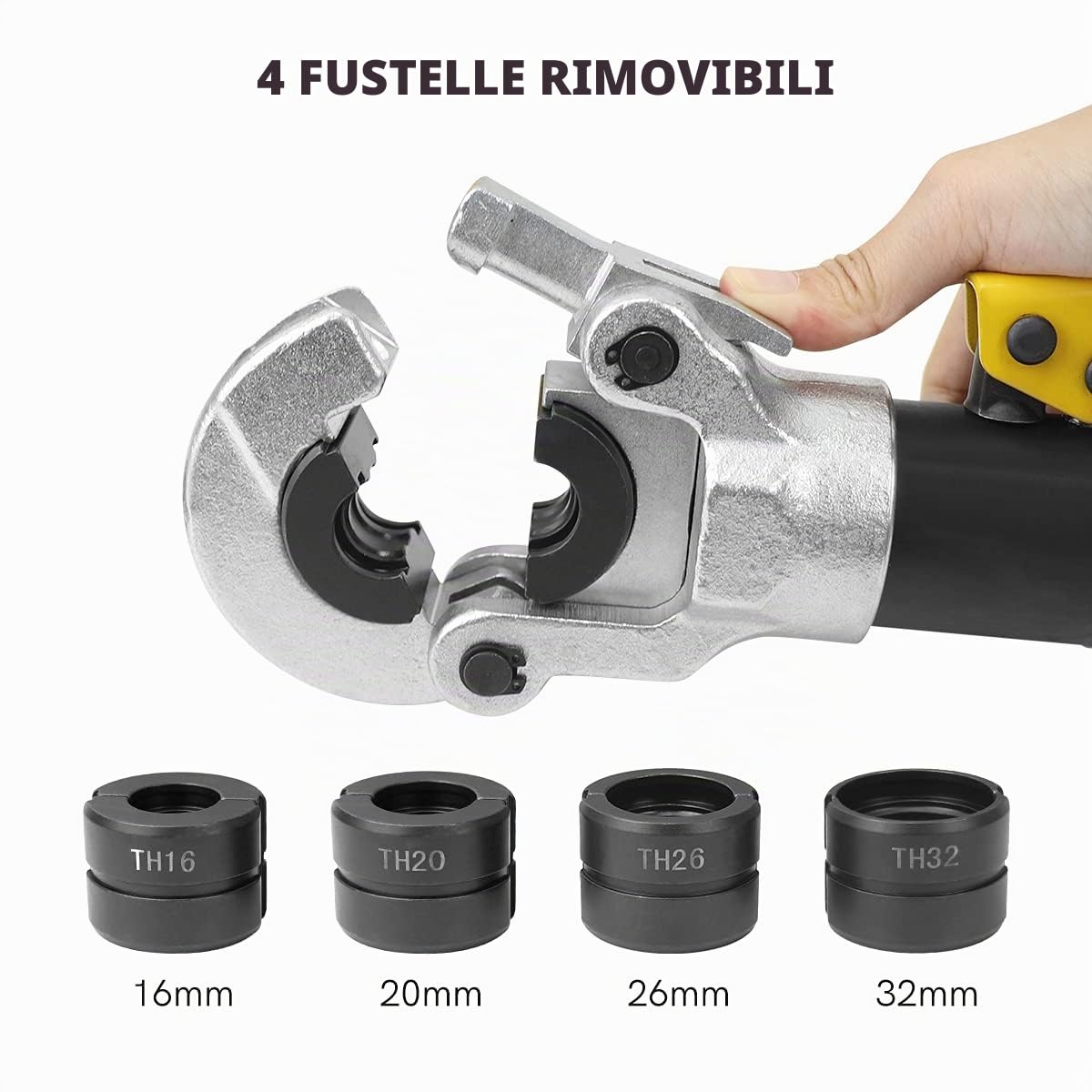 Pinza a Crimpare per Tubi da 16-20-26-32 mm, Pinza Crimpatrice Idraulica con Testa Rotante a 360° e Impugnatura Ergonomica in Gomma, Tubo Composito Press pinza per tubo PEX, 10T