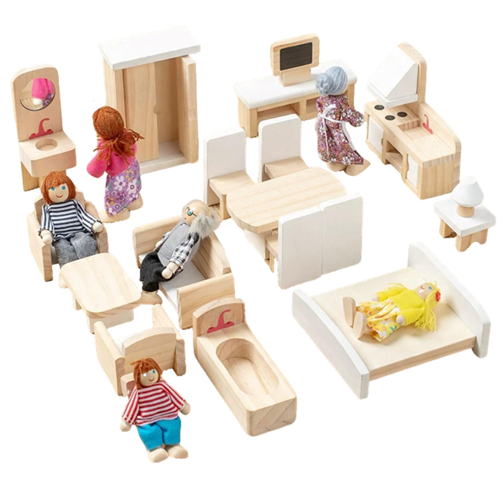 Drewniany zestaw mebli do domku dla lalek Montessori | Miniaturowe Akcesoria Meblowe do Domu Symulacyjnego, Zestaw Meblowy do Domku dla Lalek do Zabawy Ról