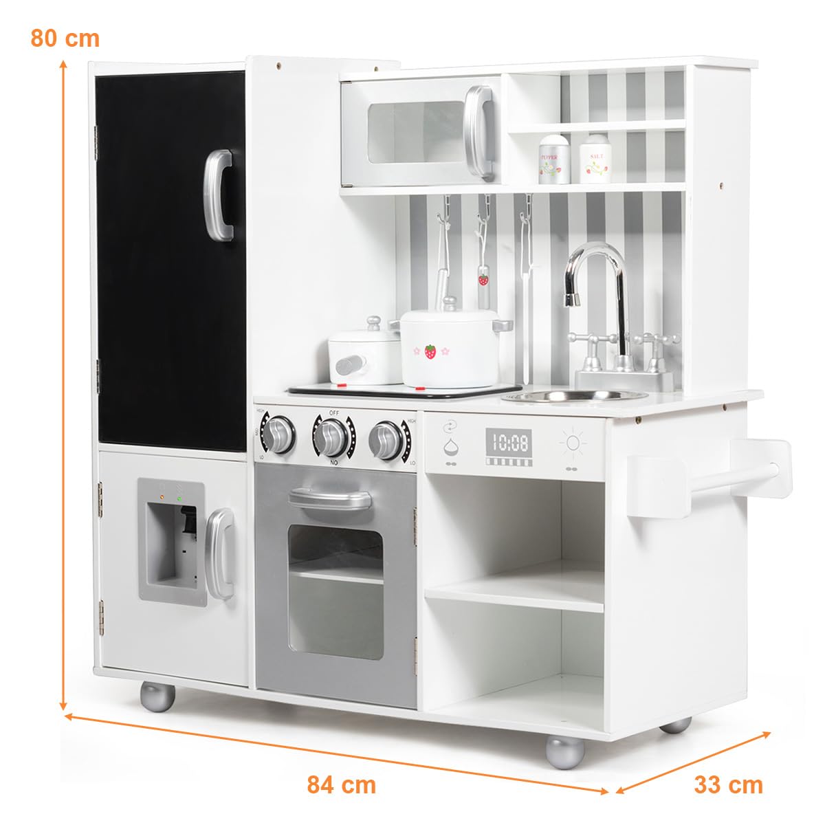 RELAX4LIFE Cucina Giocattolo in Legno per Bambini, Mini Cucina con Forno, Microonde e Frigorifero, Effetti Luminosi e Sonori, Natale/Compleanno/Feste