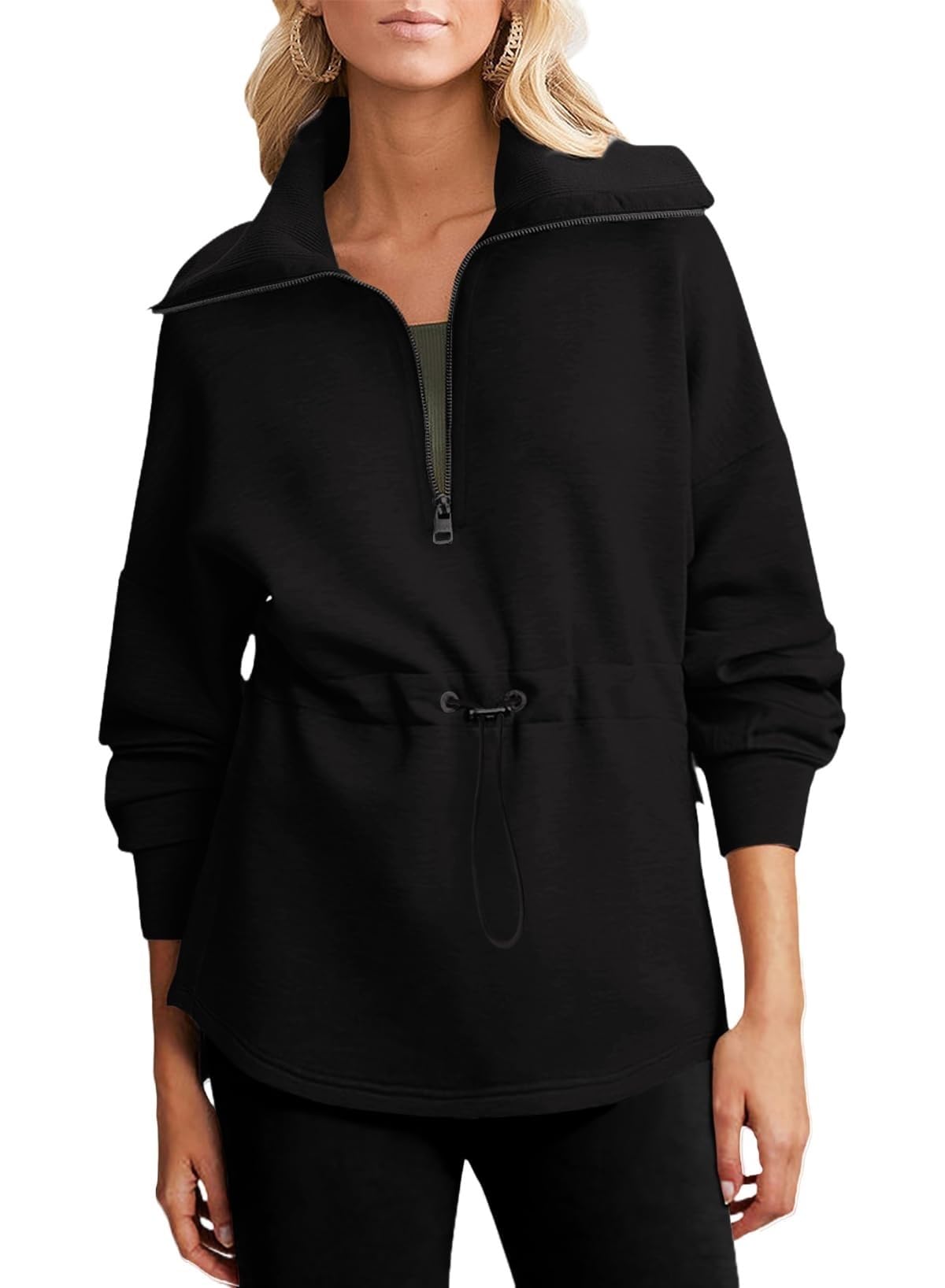 BTFONIA Womens Oversized Sweatshirts Half Zip Drawstring Waist Long Sleeve Side Slits Casual Pullover Sweatshirt Tops(Black,M)