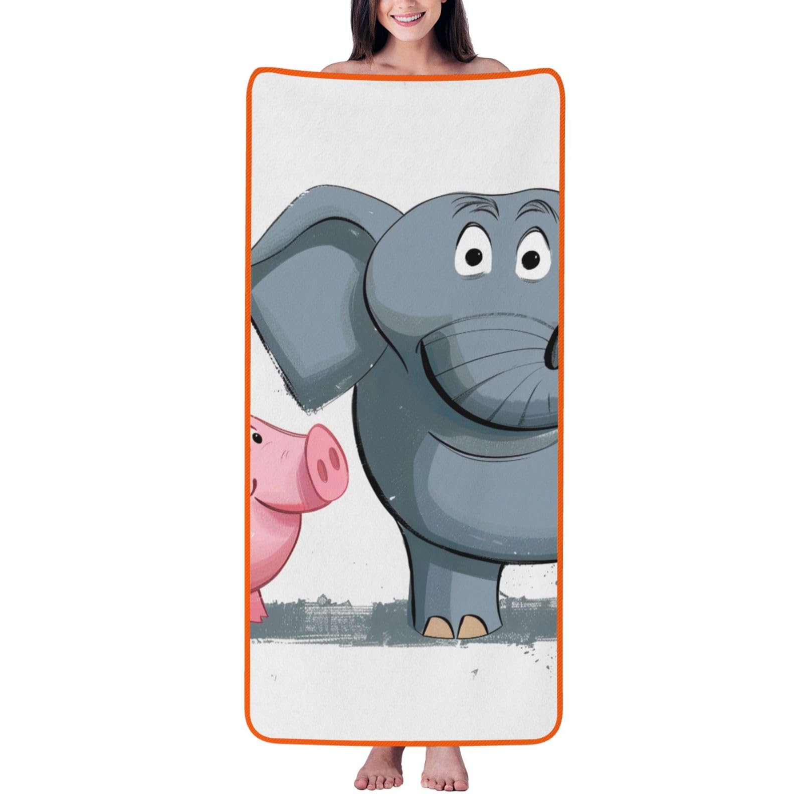 WPKJU Elephant and Piggie Printed Bath Towel with Orange Edging - 27x55 in Soft Extra Absorbent Coral Velvet Shower Towels for Bathroom