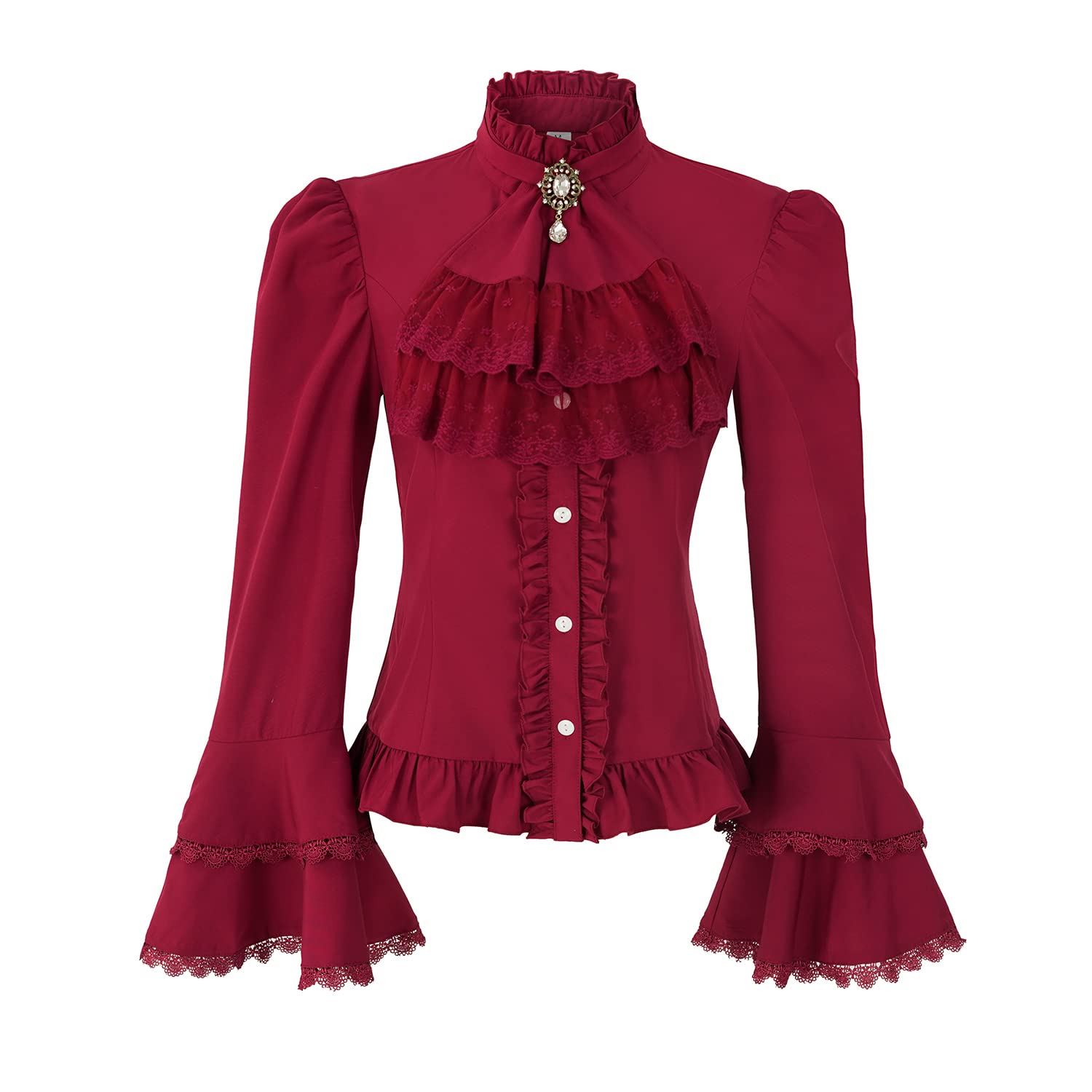 Yiranyijiu Women's Red Victorian Blouse Gothic Lolita Shirt Vintage Long Sleeve Lotus Ruffle Tops, Xl