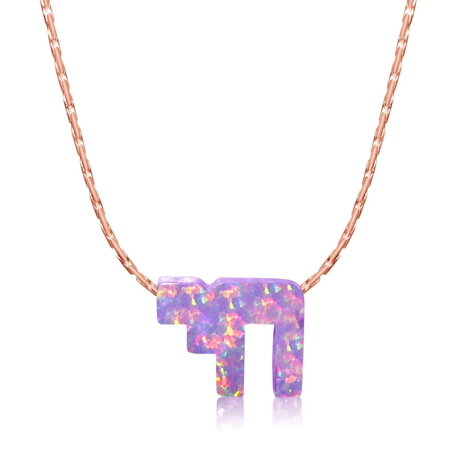 KEZEF Simulated Purple Opal Hai Charm 16 or 18" Cardano Chain Necklace in Rose or Gold Plated &Sterling Silver