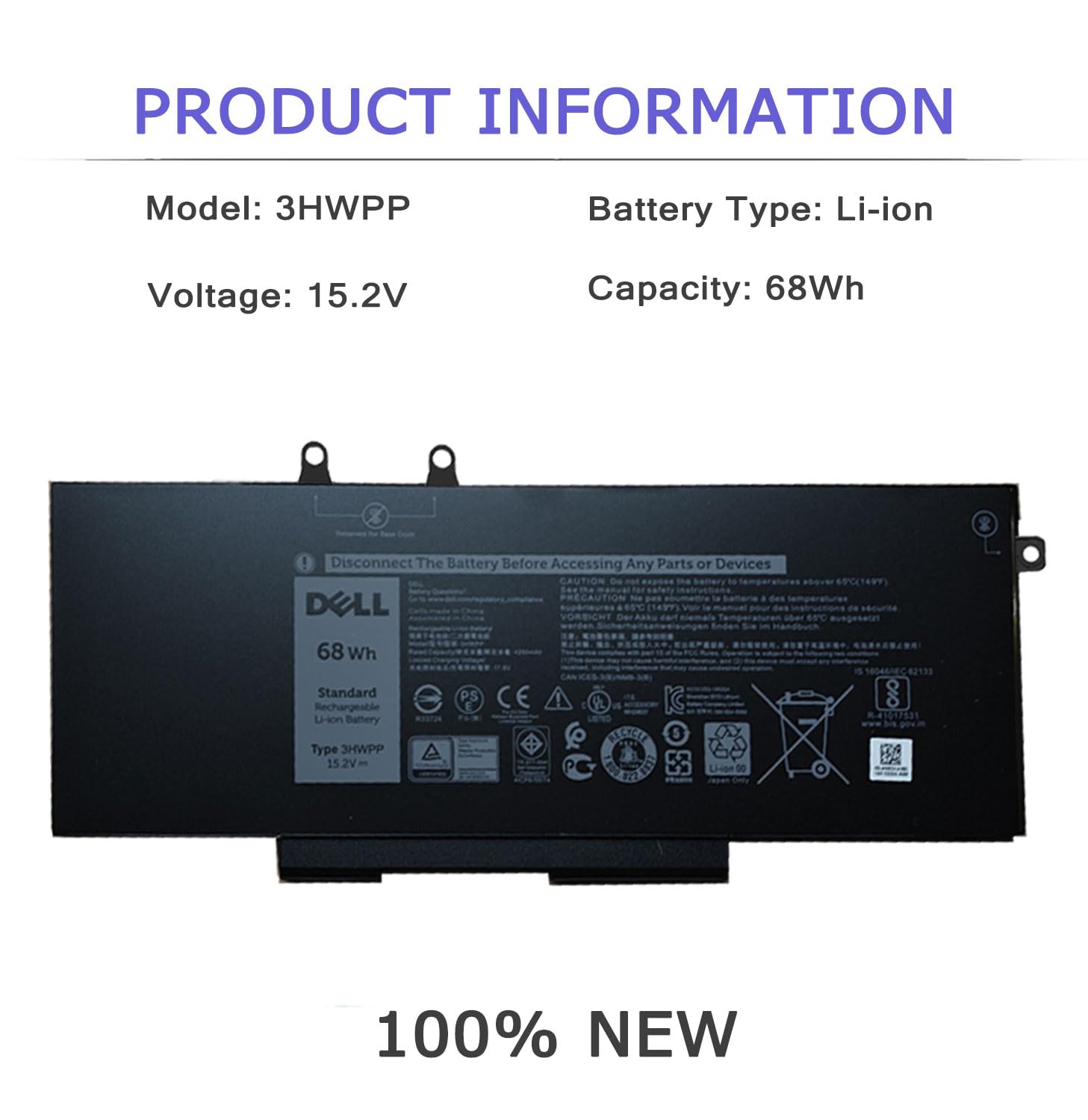DELL 3HWPP Battery for Dell Latitude 5401 5410 5411 5501 5510 5511 Precision 3541 3551 Inspiron 7706 2-in-1 Inspiron 7500 2-in-1 Inspiron 7506 2-in-1 Black 03HWPP 10X1J N2NLL 1VY7F 451-BCMN 15.2V 68Wh