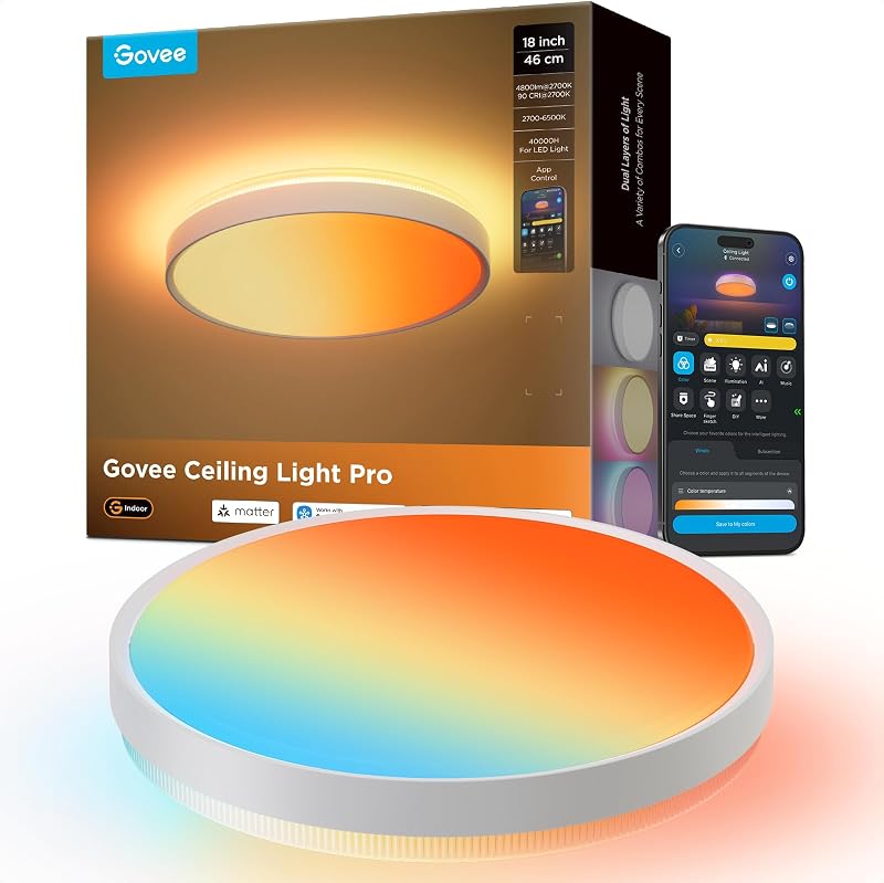Luz de techo inteligente Pro, RGBIC 4800LM 2700K-6500K 18 pulgadas 1 paquete | Lámpara de techo LED RGBIC, colores DIY de 4800LM, funciona con Matter Alexa, luces de 2700K-6500K para sala de estar, dormitorio