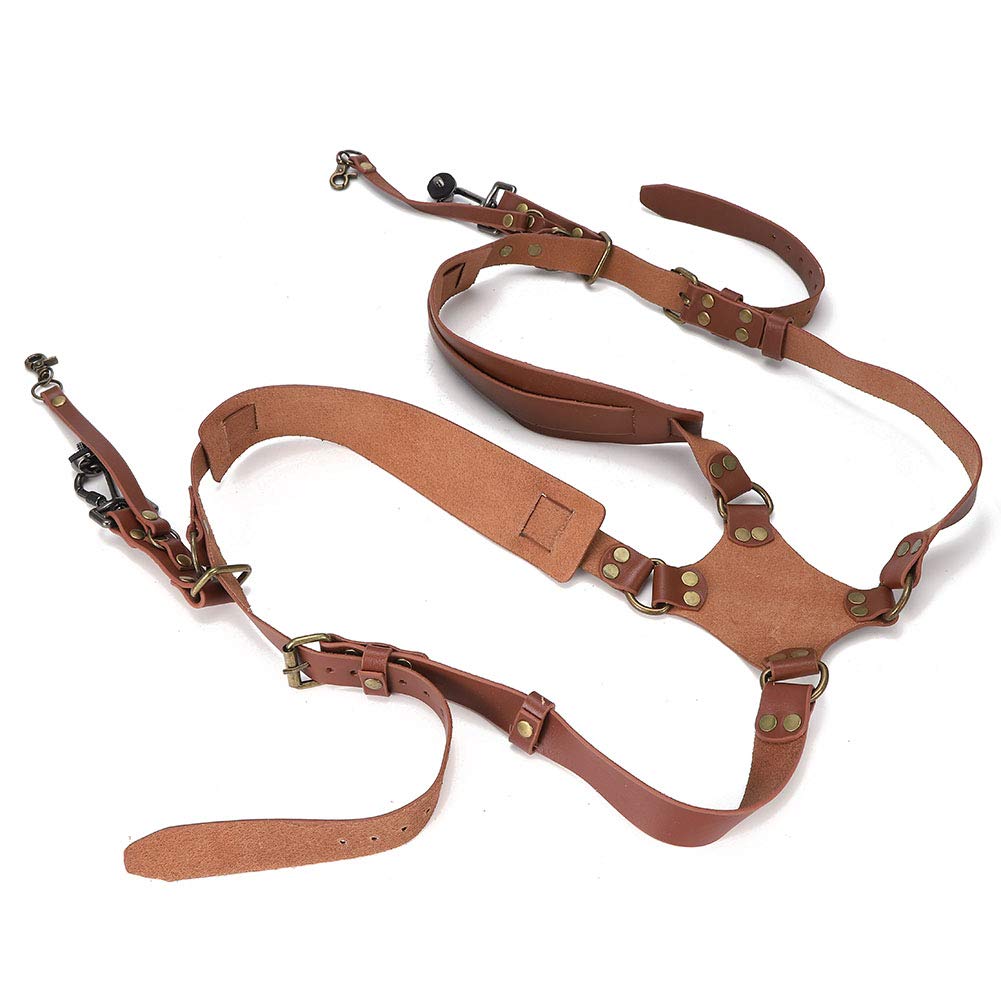 Haofy Cinghia per Fotocamera per 2 Fotocamere, Accessori per la Fotografia con Cinturino in Pelle a Doppia Spalla per Fotocamere DSLR(Spalle-Marrone)