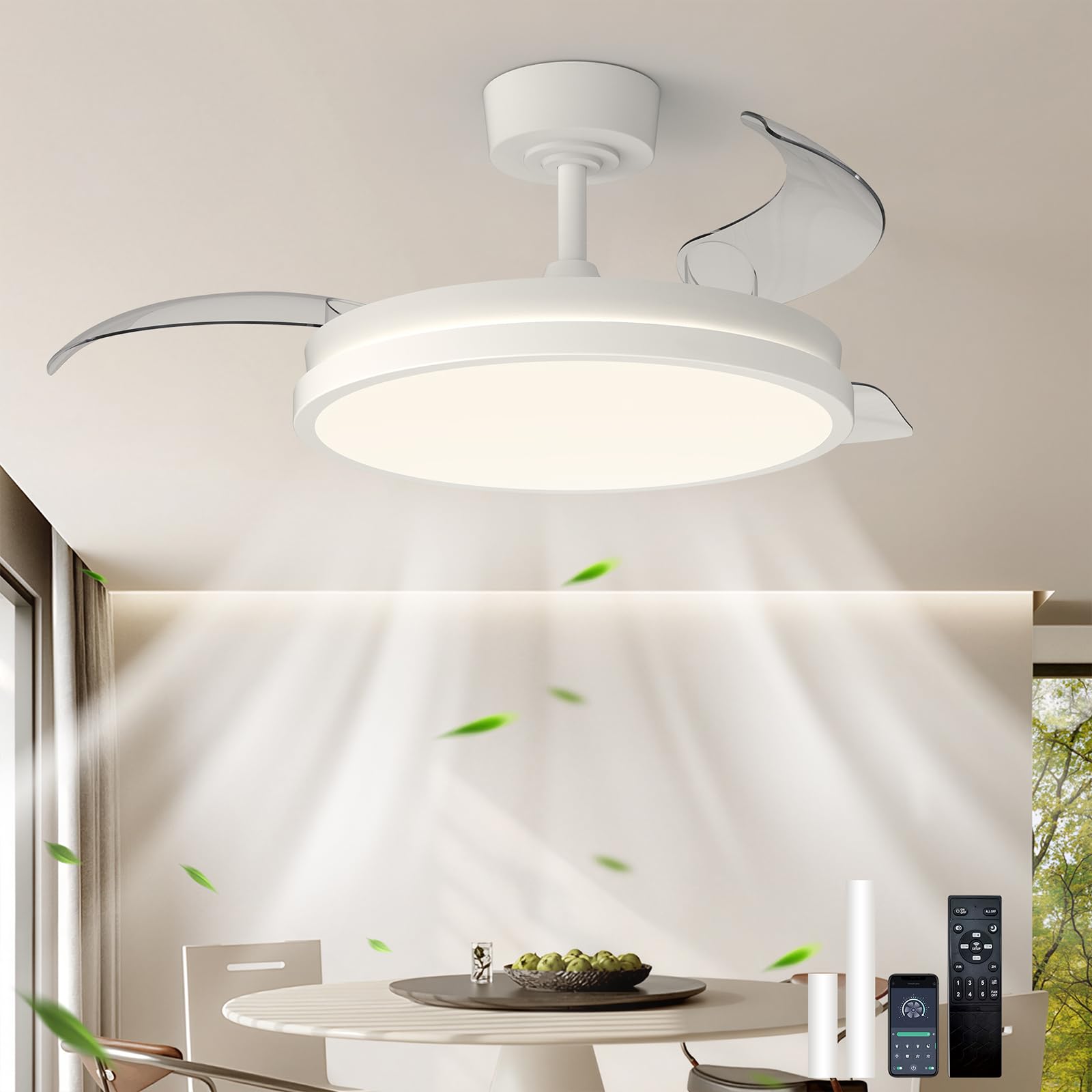 JIINOO Ceiling Fans with Lights and Remote, Modern LED Ceiling Fan with Retractable Blades, 6 Speed Reversible Dimmable Fan Lights for Living Room Bedroom Dining Room, 106 cm White