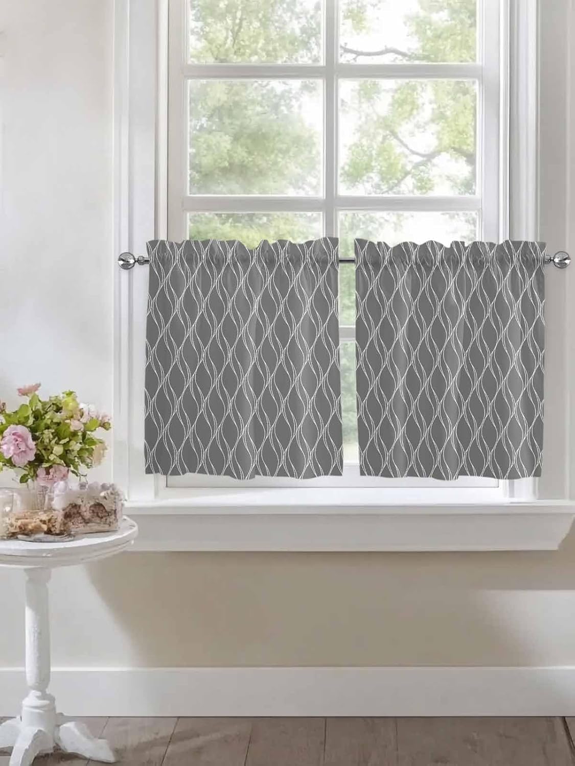 Kitchen Curtain 24 Inch Length, Abstract Retro Geometric Morocco Grey Summer Wave Texture Small Short Cafe Tiers Curtains Drape, , 2 Panel Window Treatment Rod Pocket Drapery Panels Curtains 55x24