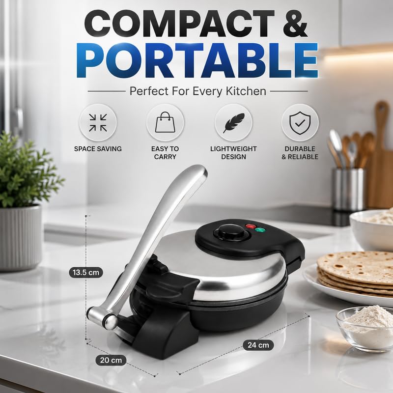 Image of Lambent 𝟏𝟓 𝐘𝐞𝐚𝐫 𝐋𝐨𝐧𝐠 𝐋𝐢𝐟𝐞 𝐖𝐚𝐫𝐫𝐚𝐧𝐭𝐲 Portable Electric Chapati Maker, Non Stick Roti Maker, Smart Dough Press with Indicator Light, Fast Cooking Appliance for Home