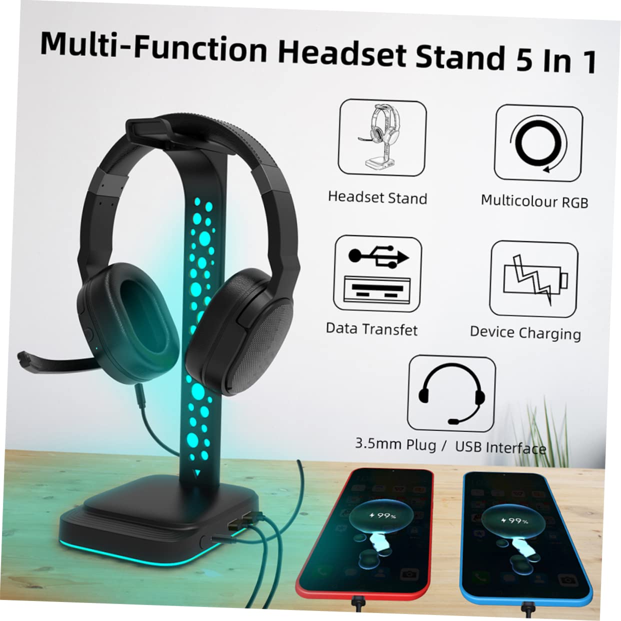 Support De Casque RGB avec Hub USB Support De Casque Gamer Multifonction pour Pc avec Ports Aux Et USB Accessoires De Bureau