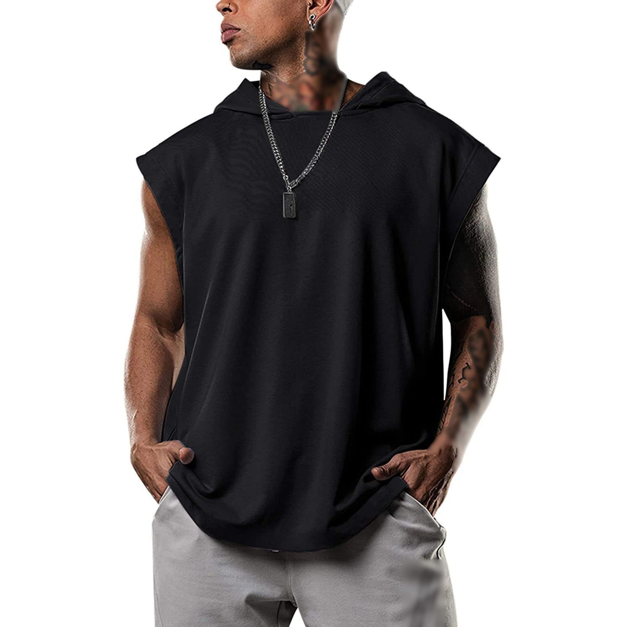 Bodybuilding Muscle Cut Off T-Shirts Workout Hooded Tank Tops Cooling Muscle Tee Shirt for Men (Black,XX-Large)
