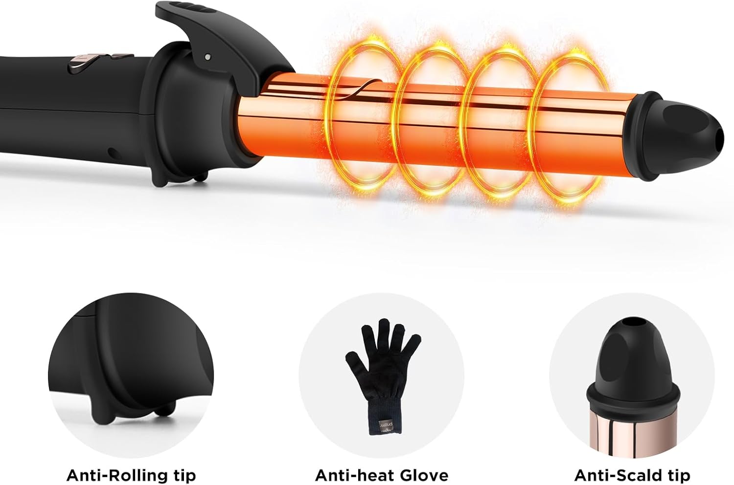 Prizm Rotating Curling Iron, 1inch/25mm Automatic Hair Curler for Long Hair, Self Spinning Barrel, 250-450°F with LCD Display, Auto-Shut Off & Dual Voltage, Black - Image 6
