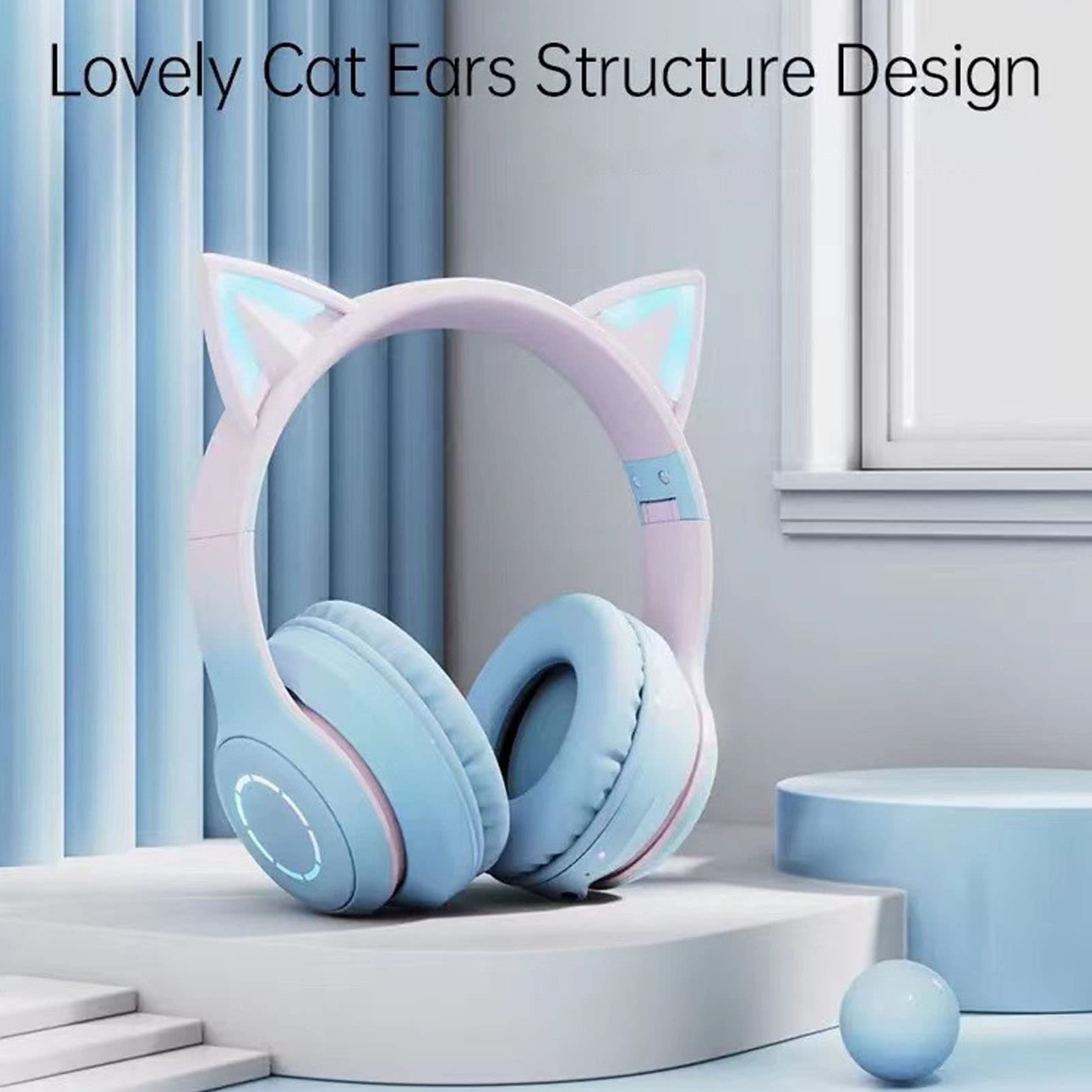 Auriculares Plegables Inalámbricos con Orejas de Gato Bluetooth para Juegos con Luz LED (Azul)