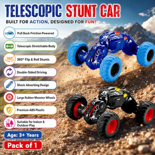 Image of Pull Back Monster Telescopic Stunt Car Toy for Kids 3+ | 360 Flip & Roll Action | Double-Sided Friction Powered Off Road Monster Truck, Random Colour- Pack of 1 (Monster Telescopic Car)