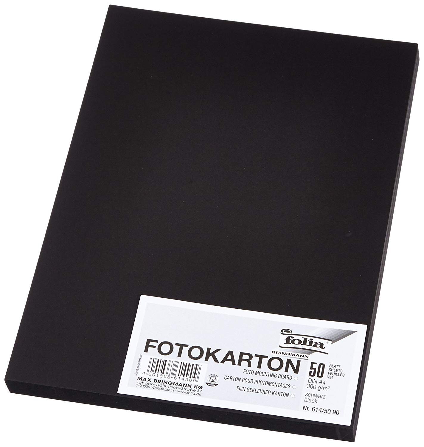 folia 614/50 90 - Fotokarton DIN A4, 300 g/qm, 250 Blatt, schwarz - zum Basteln und kreativen Gestalten von Karten, Fensterbildern und für Scrapbooking