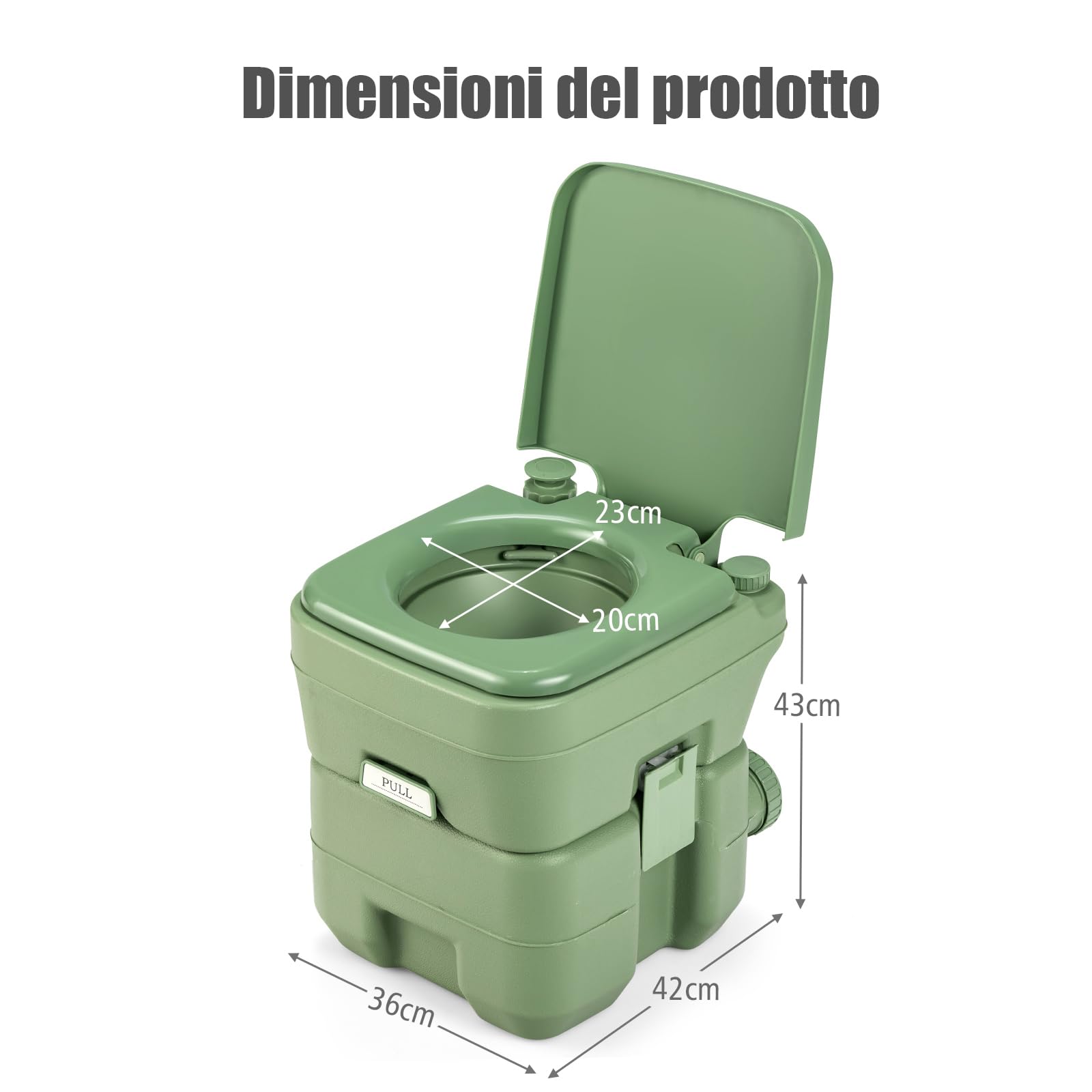 COSTWAY 20L Toilette Portatile con Serbatoio d'Acqua Rimovibile a Maniglia,WC Chimico da Esterno per Campeggio, Water Portatile per Adulti e Anziani, Supporto Carico 150kg, 36 x 42 x 43 cm (Verde)