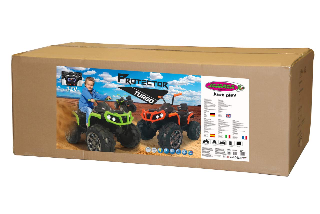 JAMARA 460450 - Ride-on Quad Protector wydajne silniki napędowe i akumulator 12 V zapewniają długi czas jazdy, 2-biegowy przełącznik turbo, gumowe pierścienie na kołach napędowych, radio FM, kolor