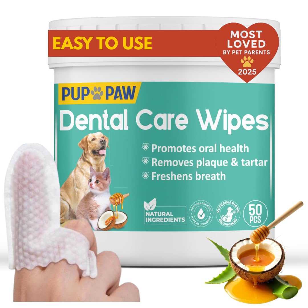PUP PAW Vet Recommended Dog & Cat Dental Wipes - Freshens Breath - Easy Daily Oral Care - Dog Tooth Brushing Kit - Dental Finger Wipes for Pets - 50 Count