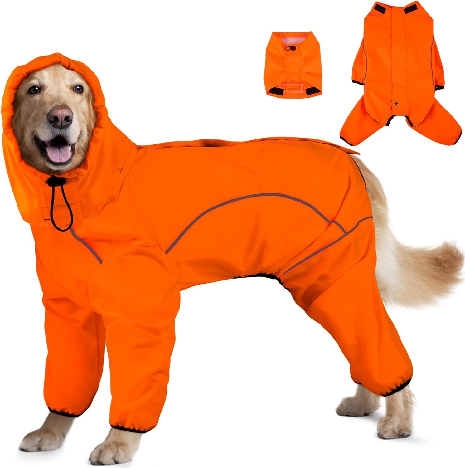 Impermeabile per cani con cappuccio rimovibile, poncho a 4 zampe con catarifrangenti e apertura in lino, giacca antivento per animali domestici per pioggia e neve (arancione, XL)