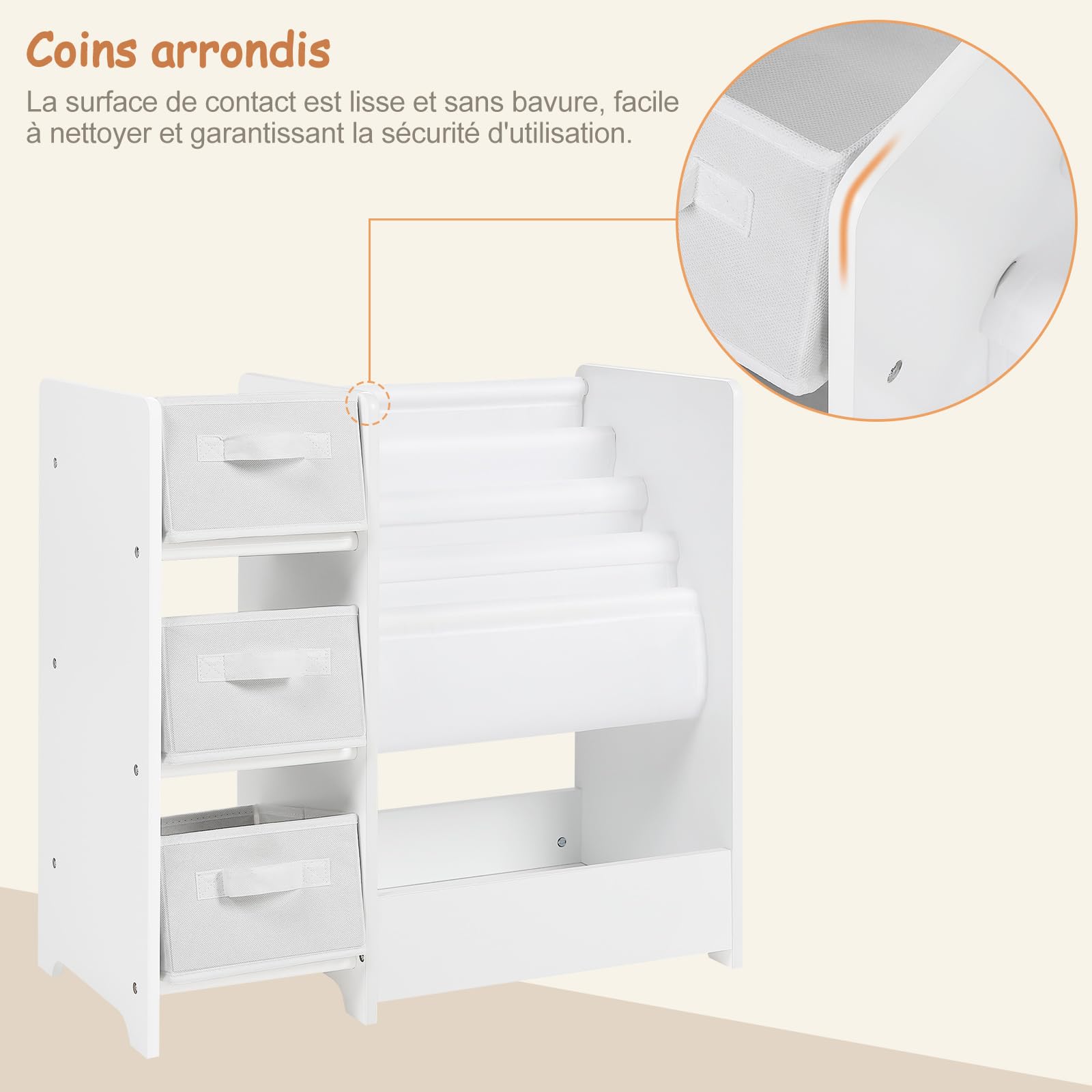 Lestarain Étagère de Rangement pour Jouets et Livres, Bibliothèque pour Enfants avec 3 Boîtes Amovibles en Tissu Non-Tissé, Meuble Montessiri en Bois MDF, 4 Casiers Suspendus, 1 Compartiment, Blanc
