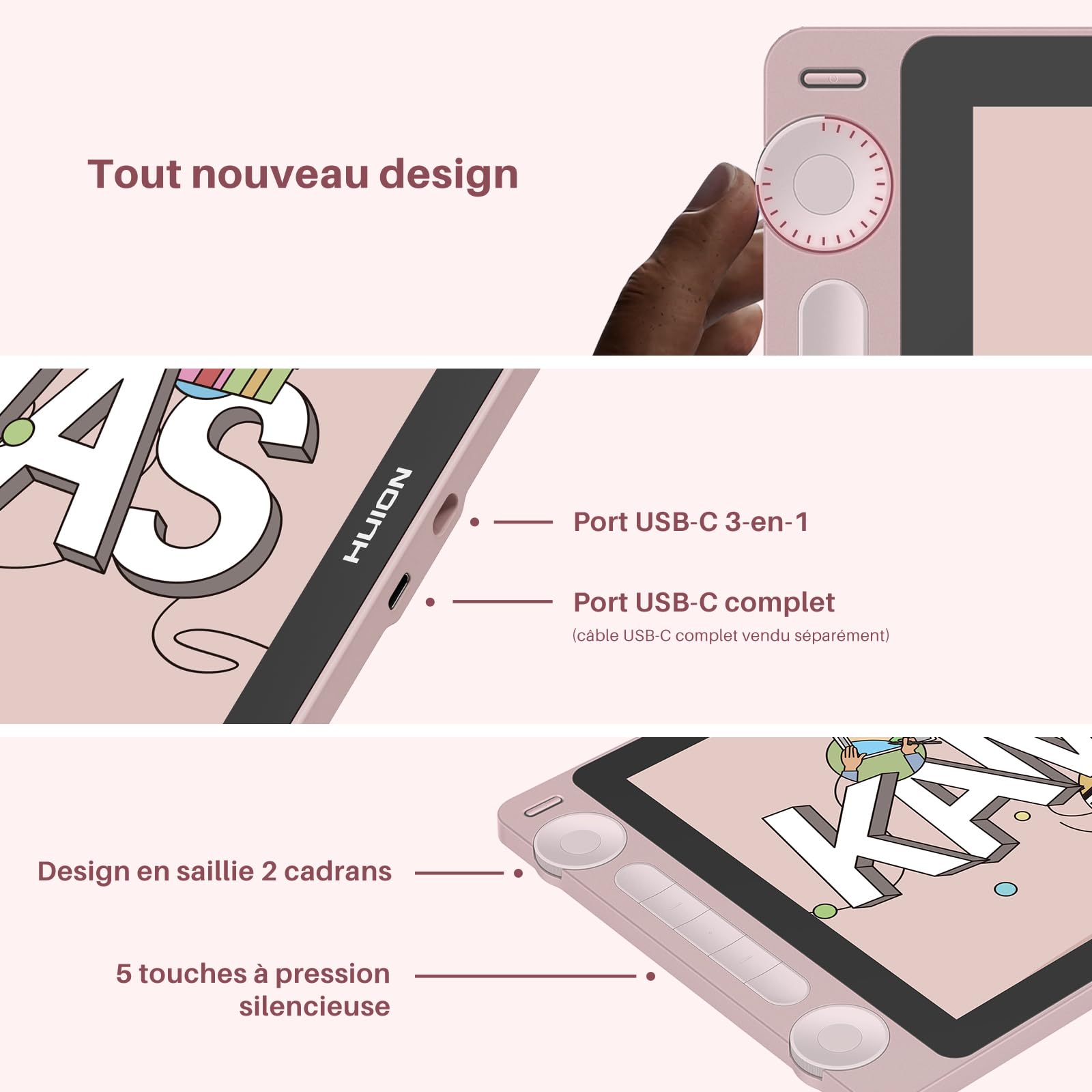 HUION Kamvas 13 Gen3 2024 Tablette Graphique avec Écran, Tablette de Dessin en Verre Canvas de 13,3", 99% sRGB, Pentech 4.0, 16384 Pression du Stylet, Doubles Cadrans, Support Réglable, Rose