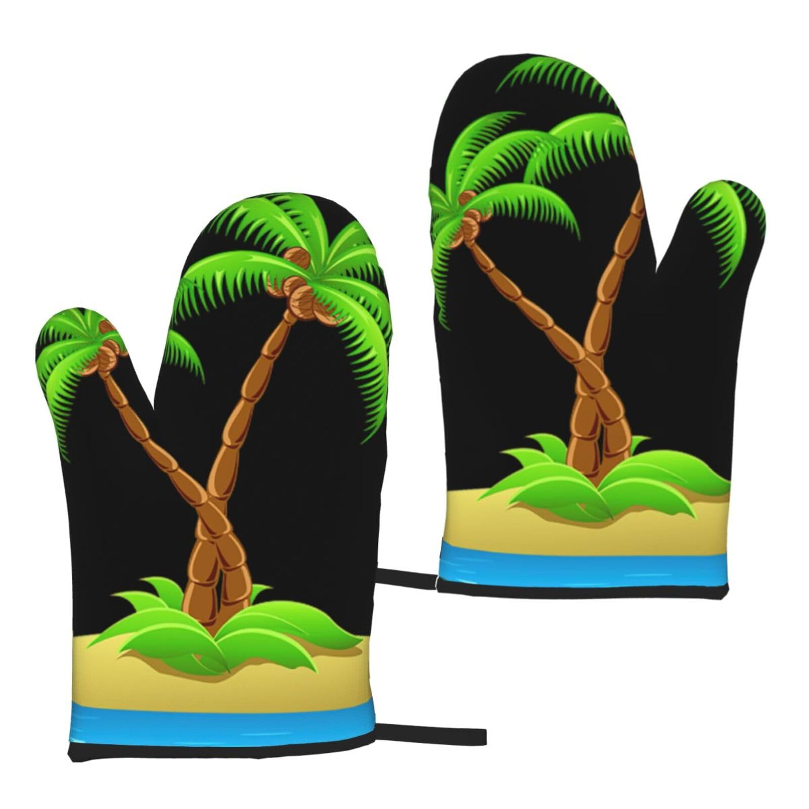 Nimongt Women's Black 3D Palm Tree Print Adults Universal Fit Heat Resistant Oven Gloves Reusable Cooking Outdoor Grilling
