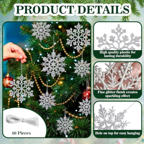 Image of Glitter Christmas Silver Plastic Snowflake Ornaments for Winter Holiday | 60pcs, 4 sizes. Perfect for Christmas tree, birthday party, wedding decor, crafts