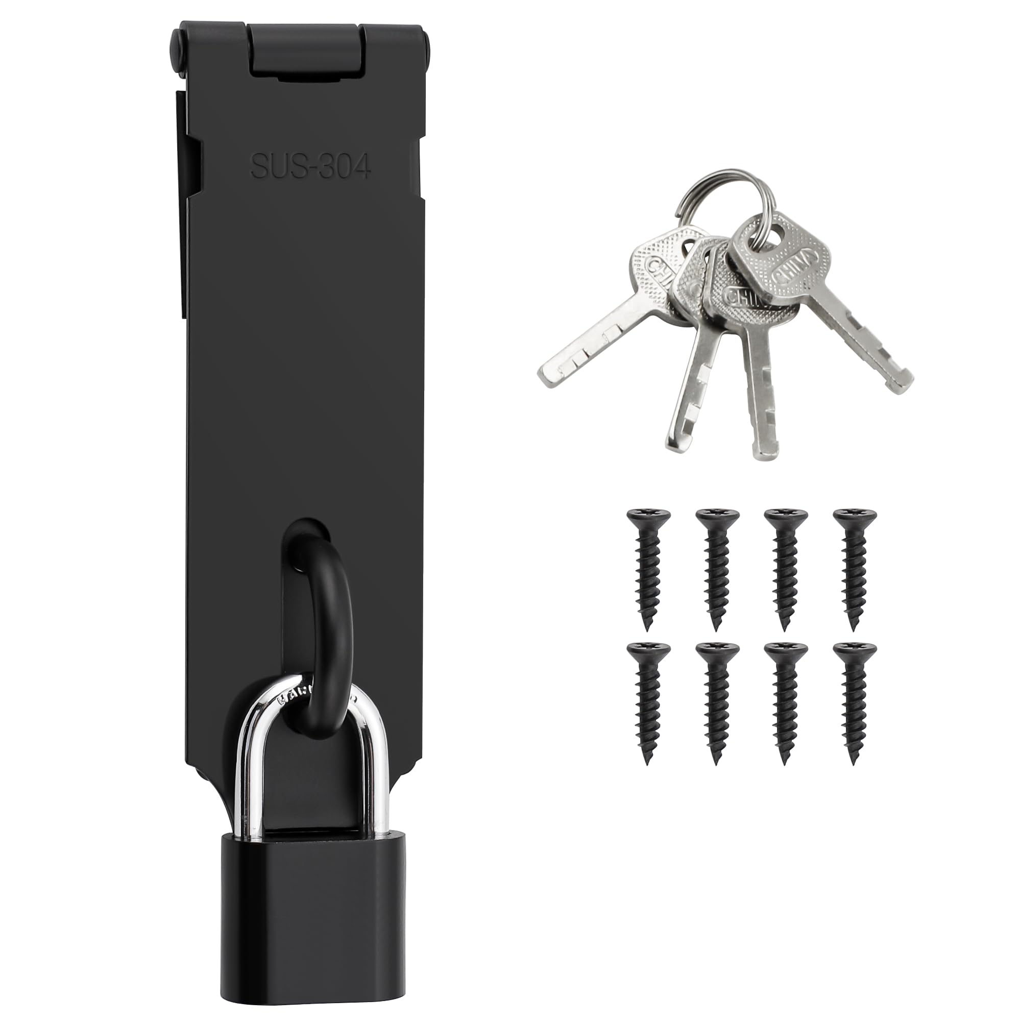SAYAYO Shed Lock Hasp Door Lock with Padlock & 4 Keys, 5-Inch Black Gate Latch Hasp and Staple Door Clasp Heavy Duty, SUS304 Stainless Steel
