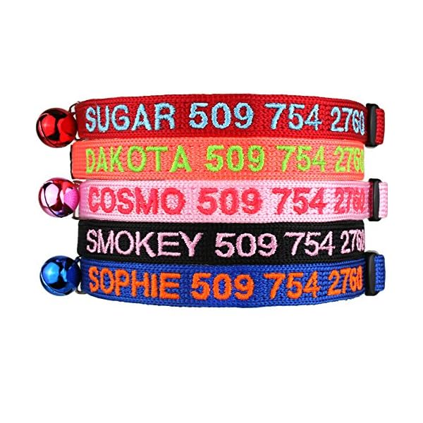 Gotags personalized cat collars with breakaway safety release buckle, custom embroidered cat collar with pet name and phone number, adjustable nylon id collar with bell for cat or kitten