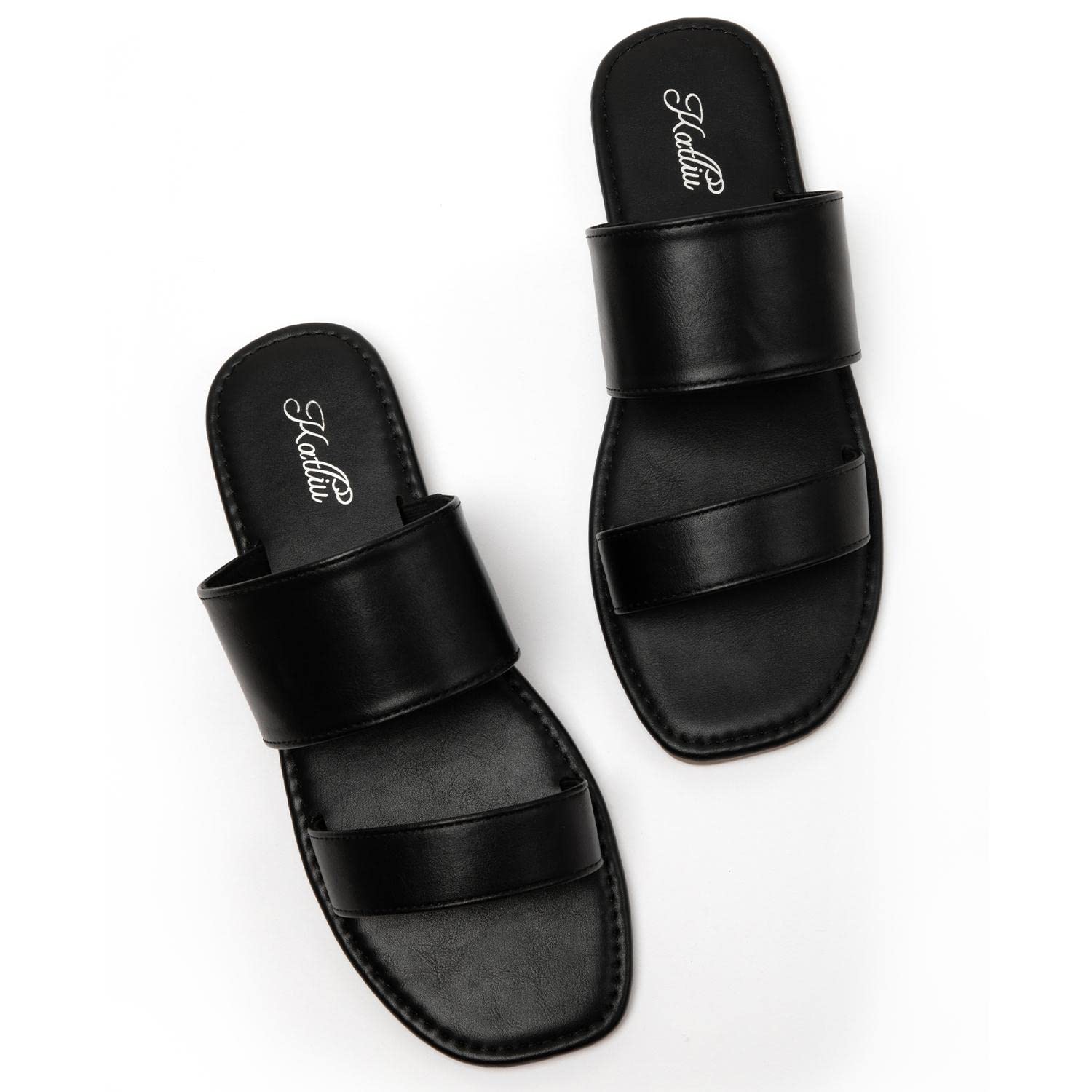 katliuWomen's Flat Sandals Two Strap Slide Sandals Open Toe