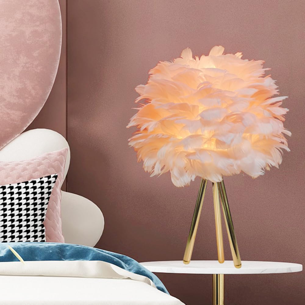 Mengjay Lámpara de Mesa LED con Plumas Diseño Elegante con Base Dorada, Casquillo E27 y Cable de 1.5m con Interruptor (Sin Bombilla) - Iluminación Decorativa para Salón y Dormitorio (Rosa claro)