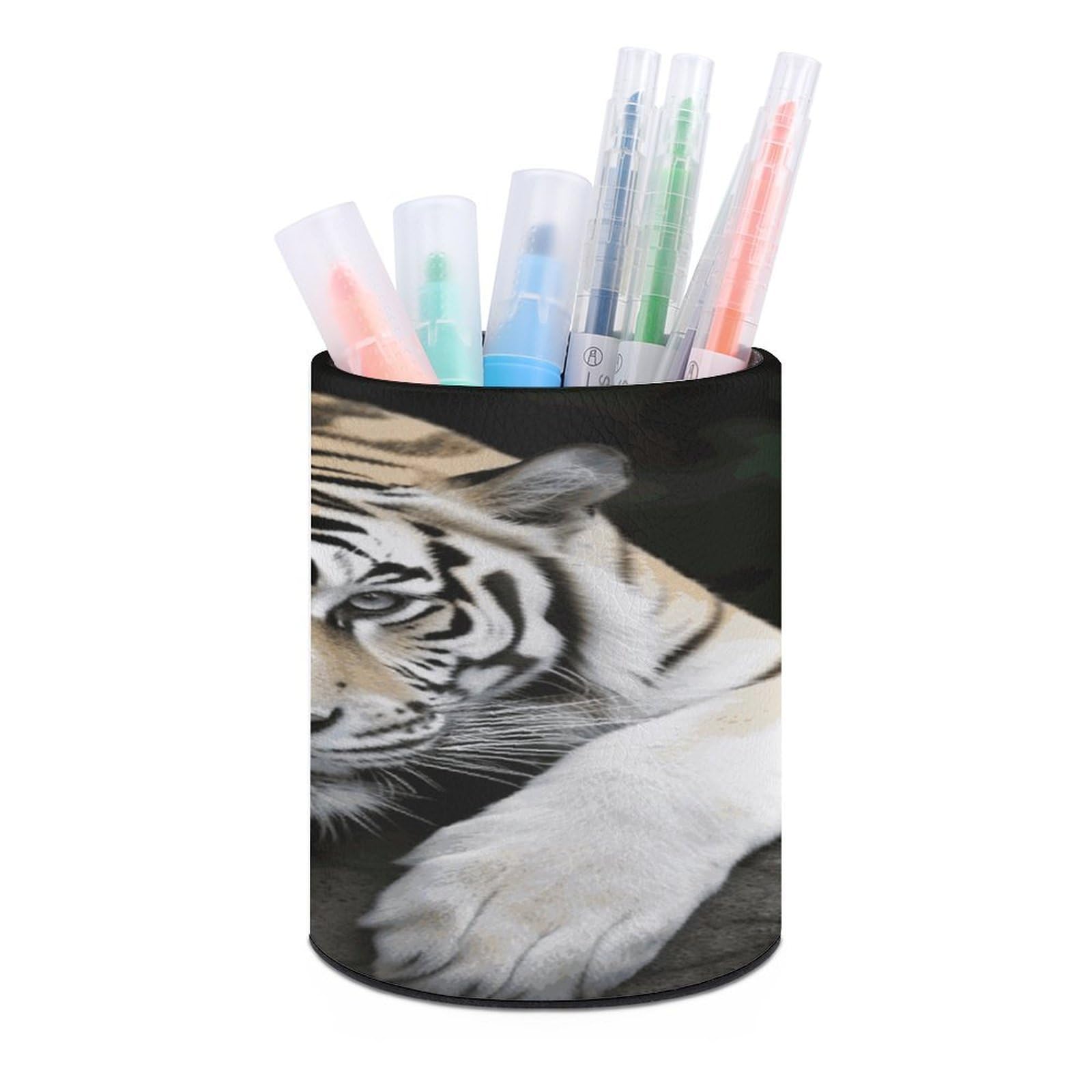 LDGSUPH Tiger Lie On Rock Round Pen Holder Leather Pen Cup Pencil Cup Pen Organizer Pencil Holder for Desk Organizer Pencil Organizers Makeup Brush Holders for Home Office Gift