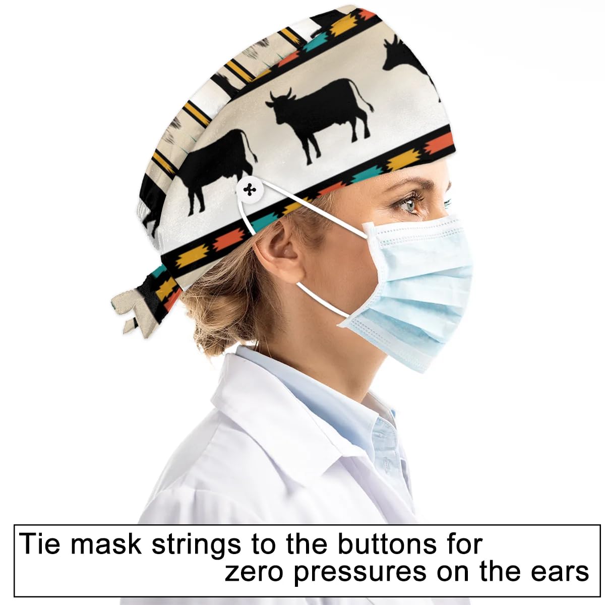 Mularoka Cow Dreamcatcher Triangle Silhouette Working Caps with Button Sweatband Comfortable Adjustable Bouffant Hats Work Hat for Women Men